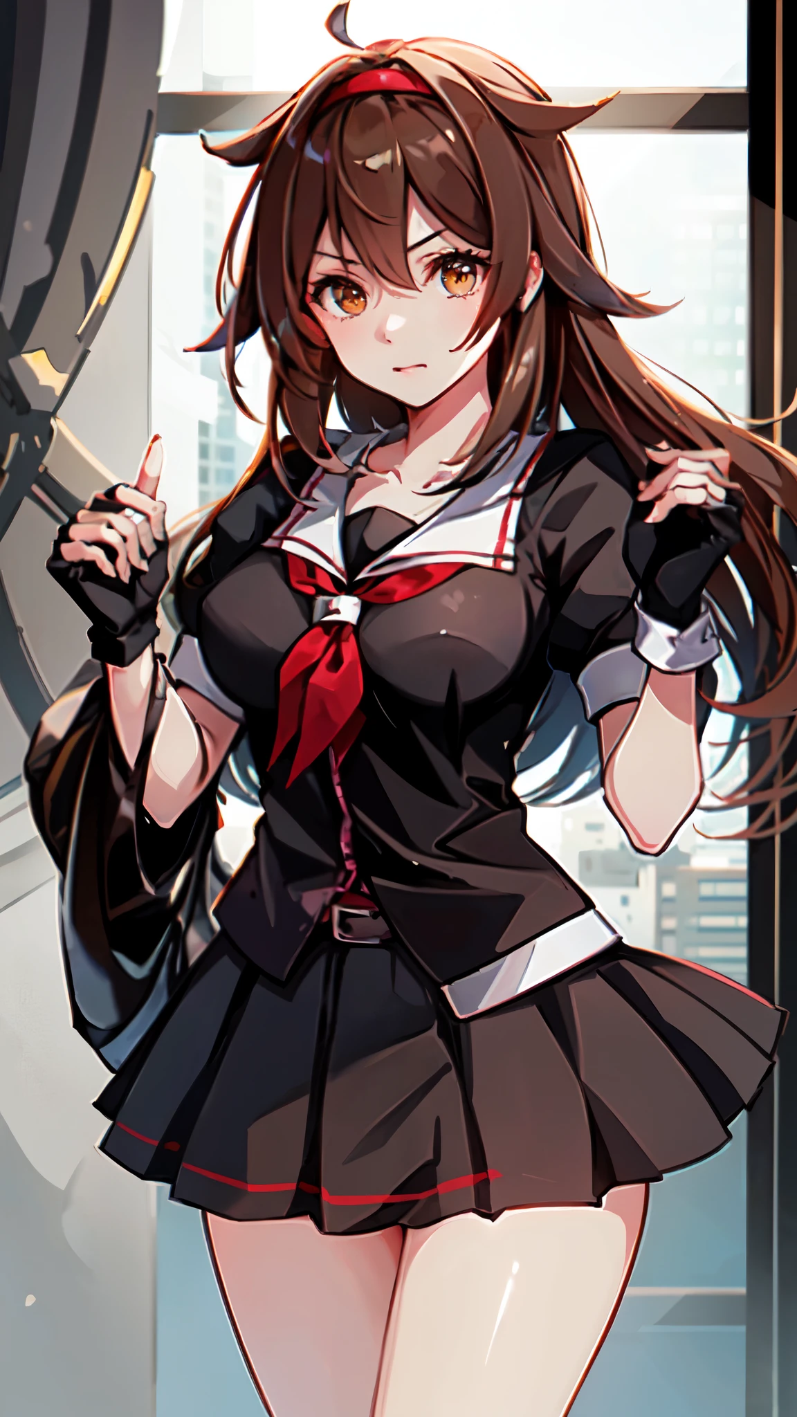 Best Quality, masterpiece, High resolution, One person, {Fleet Collection_White Dew:1.15} Brown Hair、Long Hair、Thighs、Short sleeve、Pleated skirt、Hairbands、Seraph、Black gloves、Fingerless gloves、Black Skirt、neckerchief、Medium breast　Office　Look here