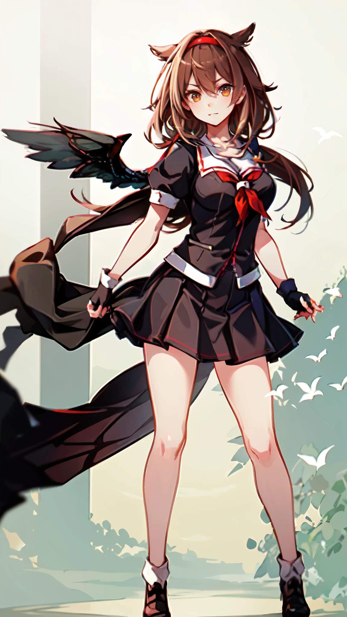 Best Quality, masterpiece, High resolution, One person, {Fleet Collection_White Dew:1.15} Brown Hair、Long Hair、Thighs、Short sleeve、Pleated skirt、Hairbands、Seraph、Black gloves、Fingerless gloves、Black Skirt、neckerchief、Medium breast　Office　Look here