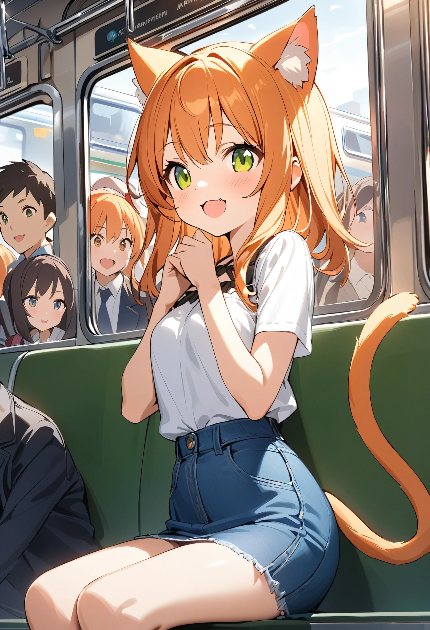 Young girl、Very cute、small、Firm breasts、Denim skirt、Orange Hair、Top quality backgrounds、Cheerful attitude、Cat ears and tail、An innocent smile、On the train、crowd、Crowded