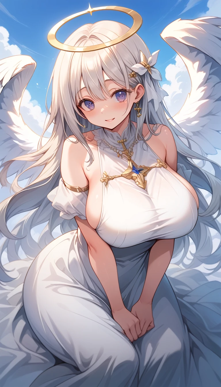 A 20-year-old female angel with long, white hair, yellow eyes, white cat ears, and large white angel wings. yellow halo ring round white glasses White turtleneck, halter, backless turtleneck sweater, purekiller sweater. short white dress White wide arm warmers, standing, looking down