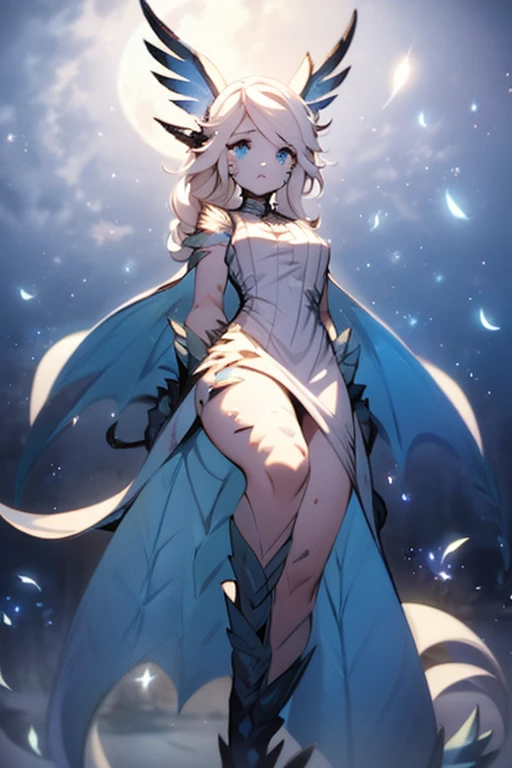 1 woman, Very detailed, White hair, Asymmetrical hair, curls, Gorgeous dress, Blue Eyes, Glowing eyes, Feathery hair, [Light blue scales all over body], slim, Angel Wings, masterpiece, Under the moonlight, [Light blue scales], Scaly skin on face, slim Light blue scales and claws on hands, slim dragon feet, Moonlight face, 只有 1 条Light blue scales尾巴, Pointed ears, Very high, 2 arms, 2 legs, 2 Feather Wings