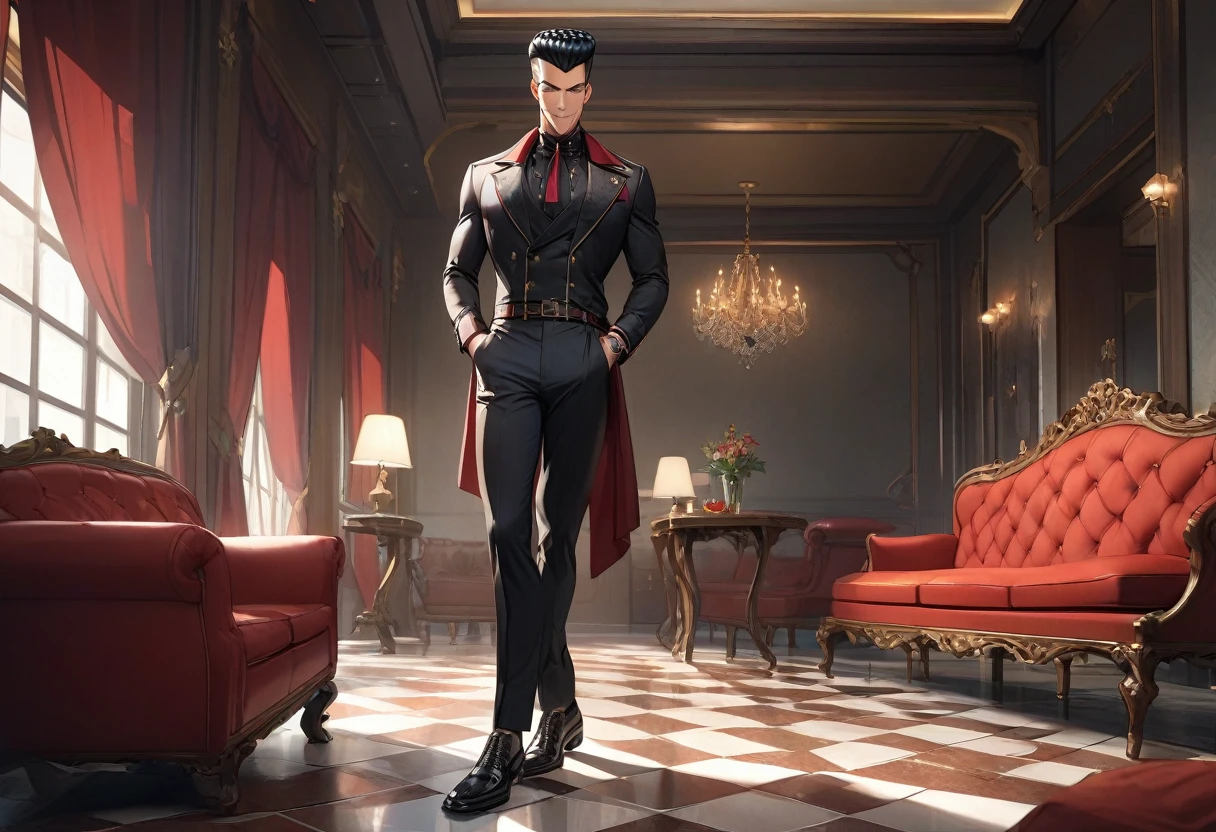 1 male,handsome,(tall figure:1.8),muscular,sexy figure,indoors,tile_floor,couch,evil smile,(Pompadour:1.5),black pants,leather shoes,belt,high definition,textured fabric,masterpiece , detailed