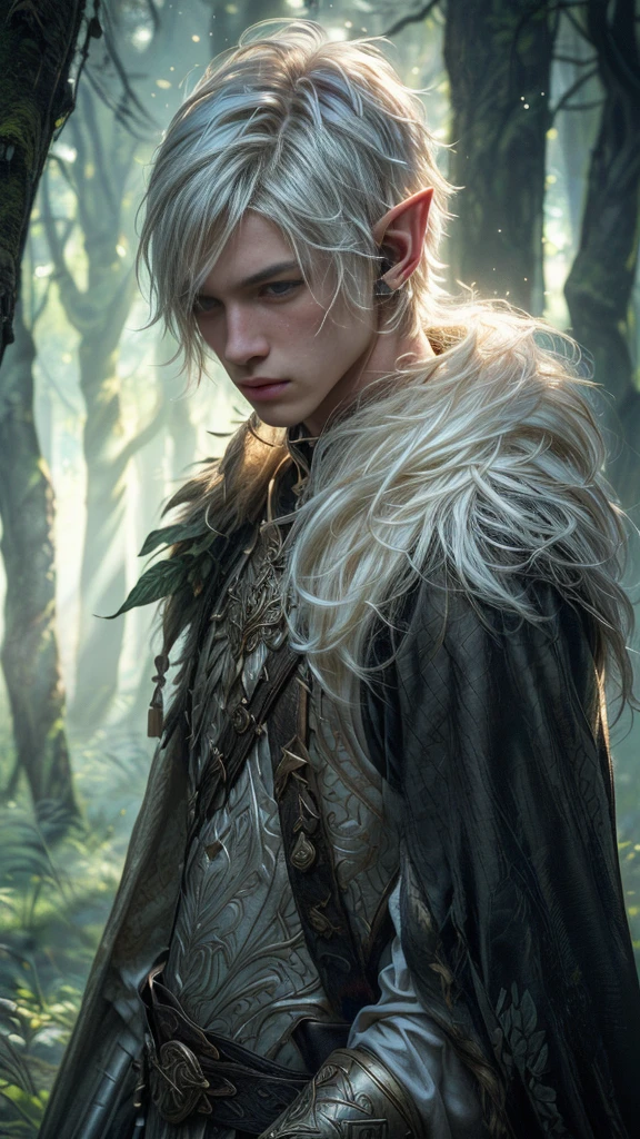 A young male elf royal with (long pointy ears:1.3), with (messy very short white hair:1.2), he is standing in the middle of a dense forrest, high resolution, masterpiece, precise, anatomically correct, best quality, UHD, realistic,