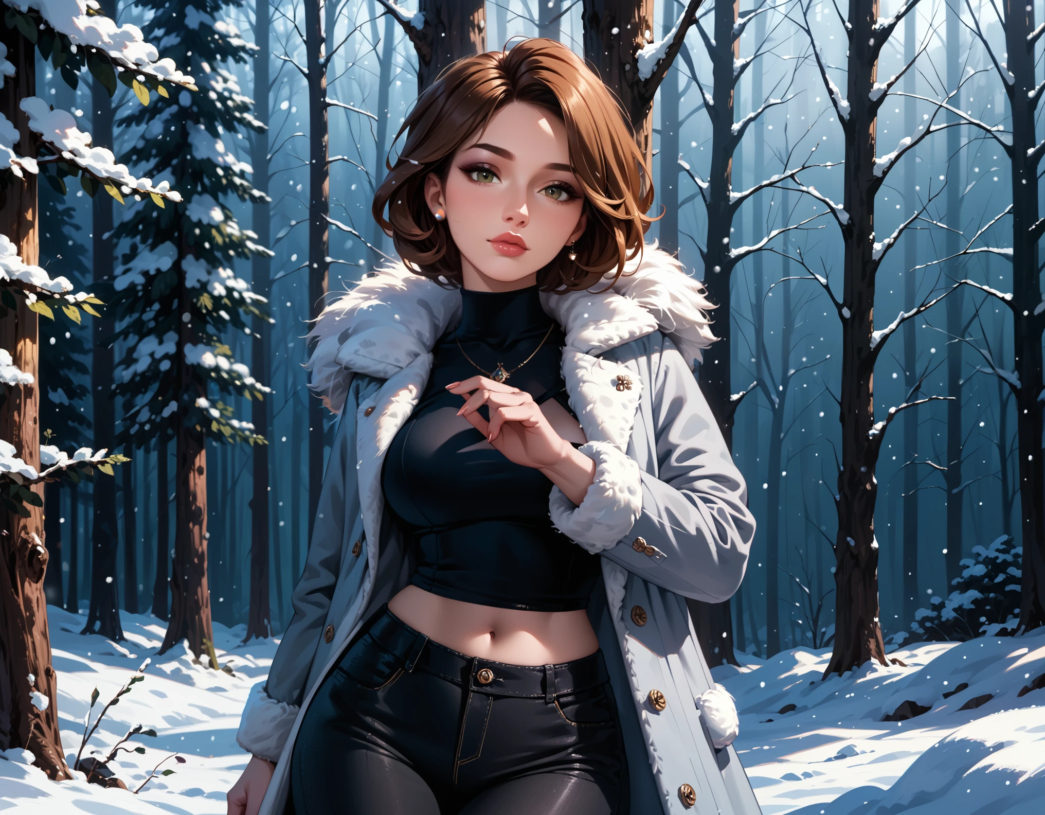 score_9, score_8_up, score_7_up, rating_questionable, cinematic film still, epiCPhoto 1girl, solo, very sexy (Aunt Cass, brown hair, short hair, winter coat, trousers:1.2), navel, narrow waist, wide hips, standing in a beautiful snowy forest, beautiful, graceful, elegant, flirt, gaze, sexy look, half-closed eyes, head tilt, filled lips, thick lips, makeup, modelling shoot, sexy poses, beautiful scene, highly detailed, detailed eyes, detailed face, absurdres, 4k, masterpiece, best quality, dark, moody, (dimly lit:1.4), highly detailed background, anatomically correct, perfect anatomy, Hand, detailed, perfect, perfection hands