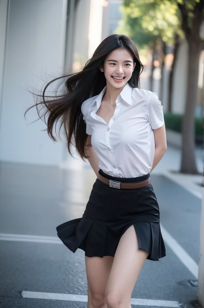 1girl, thai university uniform, hyper-realistic, white plain short-sleeve button up shirt:1.2, Black pleated midium skirt:1.4, silver shirt buttons:1.2, silver minimal plain plate belt buckle:1.2, black long straight messy hair:1.2, masterpiece, best quality, high resolution, 16k, high detailed, face detailed, cinematic lighting, dynamic composition, slim and perfect figure, perfect body proportions, depth of field, rule of thirds, medium breast, emphasize on breast and hip and thigh and bottoms, university, skirt tug:1,4, wind lift:1.4, laughing, smiley eyes, red cheeks, shy, hair blow, upper body shot, windy:1.4, standing, 2 hands grab hem of the skirt:1.4, white panties:1.4, Skirt flipped up by strong wind:1.4, brown suede belt:1.2, marilyntug:1.4