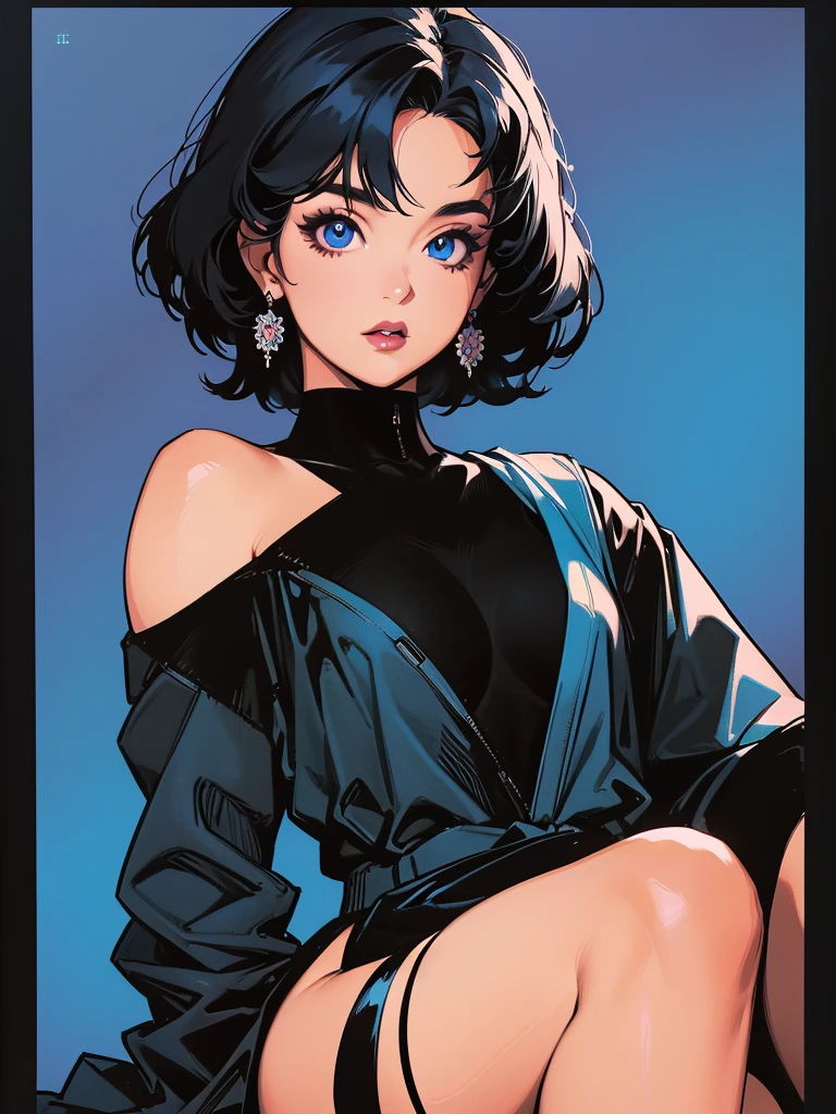 (best lighting) (best quality, masterpiece:1.2), illustration by hajime sorayama, perfect body, hyperfeminine curves, (detailed eyes), (detailed face), femme fatale, woman, short black hair, bangs, blue eyes, curvy, black lipstick, black eyeliner, earrings, high fashion, stockings, solo