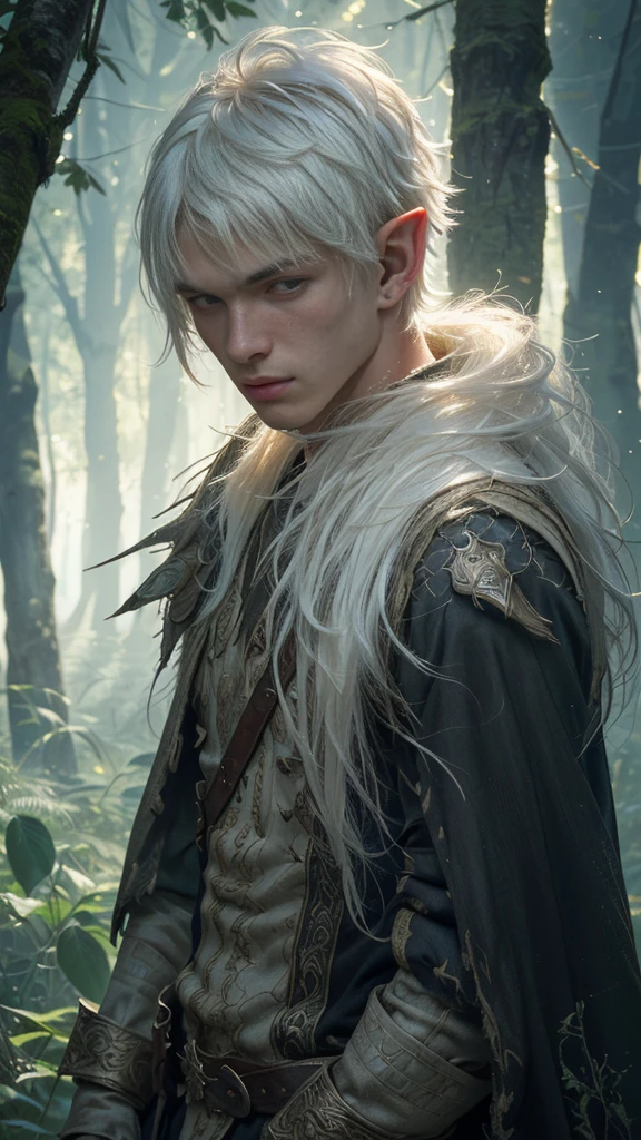 A young male elf with long (pointy ears:1.2). with (messy:1.4) very short (white hair:1.2). he is standing in the middle of a dense forrest. high resolution, masterpiece, precise, anatomically correct, best quality, UHD, realistic,