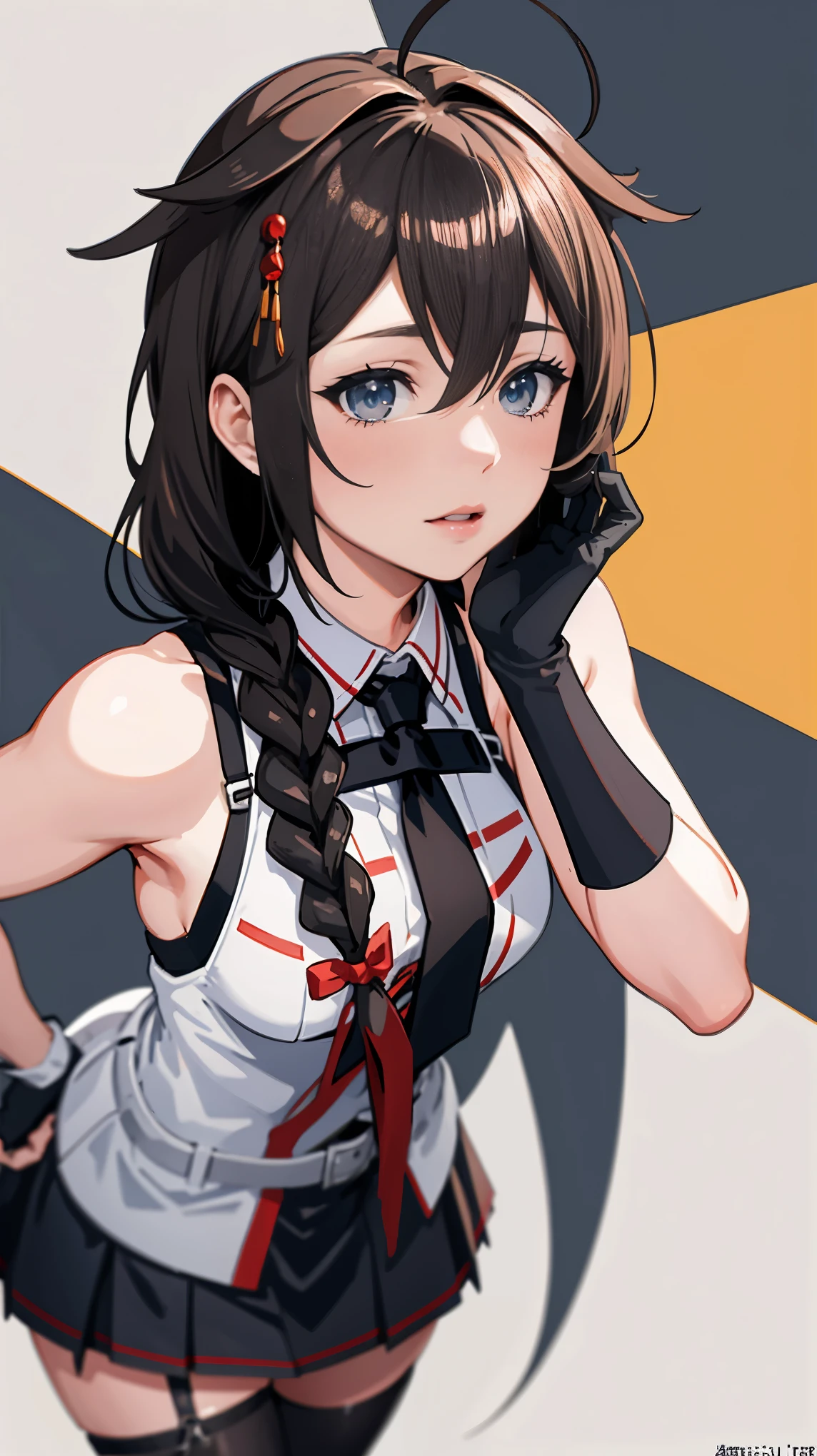 Shigure Kai 3 KanColle Sleeveless Black fingerless gloves Black skirt Braids 8K high resolution Highly detailed eyes Highly detailed face、Very detailed body、Highly detailed skin