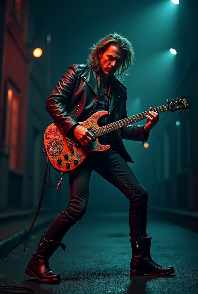 A man with rock star gitural in the night time