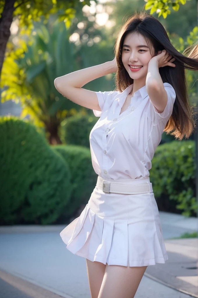 1girl, thai university uniform, hyper-realistic, white plain short-sleeve button up shirt:1.2, Black pleated midium skirt:1.4, silver shirt buttons:1.2, silver minimal plain plate belt buckle:1.2, black long straight messy hair:1.2, masterpiece, best quality, high resolution, 16k, high detailed, face detailed, cinematic lighting, dynamic composition, slim and perfect figure, perfect body proportions, depth of field, rule of thirds, medium breast, emphasize on breast and hip and thigh and bottoms, university, skirt tug:1,4, wind lift:1.4, laughing, smiley eyes, red cheeks, shy, hair blow, upper body shot, windy:1.4, standing, 2 hands grab hem of the skirt:1.4, white panties:1.4, Skirt flipped up by strong wind:1.4, brown suede belt:1.2, marilyntug:1.4