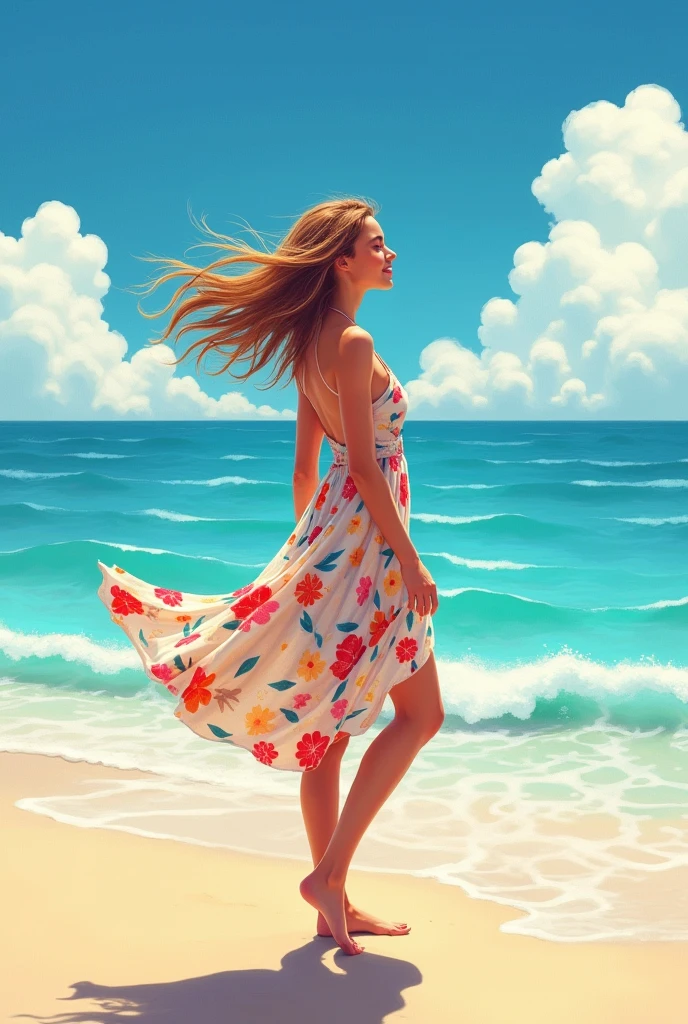 woman at the beach <lora:xk3mt1ks:1> in the style of xk3mt1ks, colorful