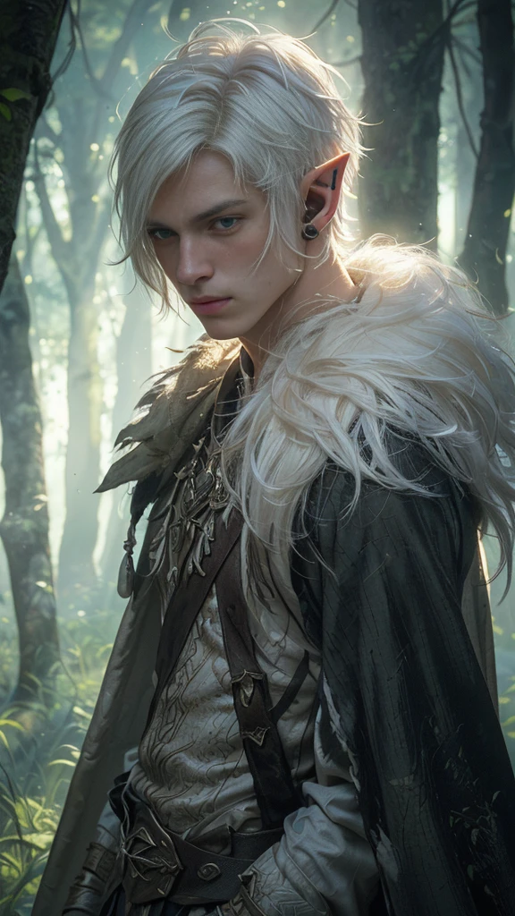 A young male elf with (long pointy ears:1.5). with (messy:1.4) very short (white hair:1.2). he is standing in the middle of a dense forrest. high resolution, masterpiece, precise, anatomically correct, best quality, UHD, realistic,