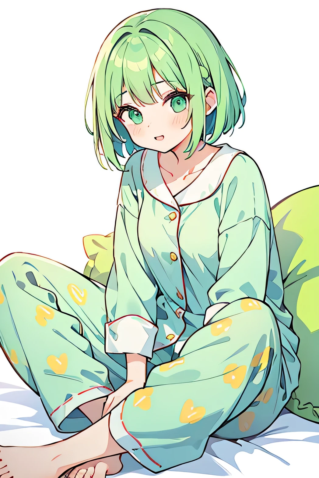 a bed、Get up、Green hair、s Pajamas