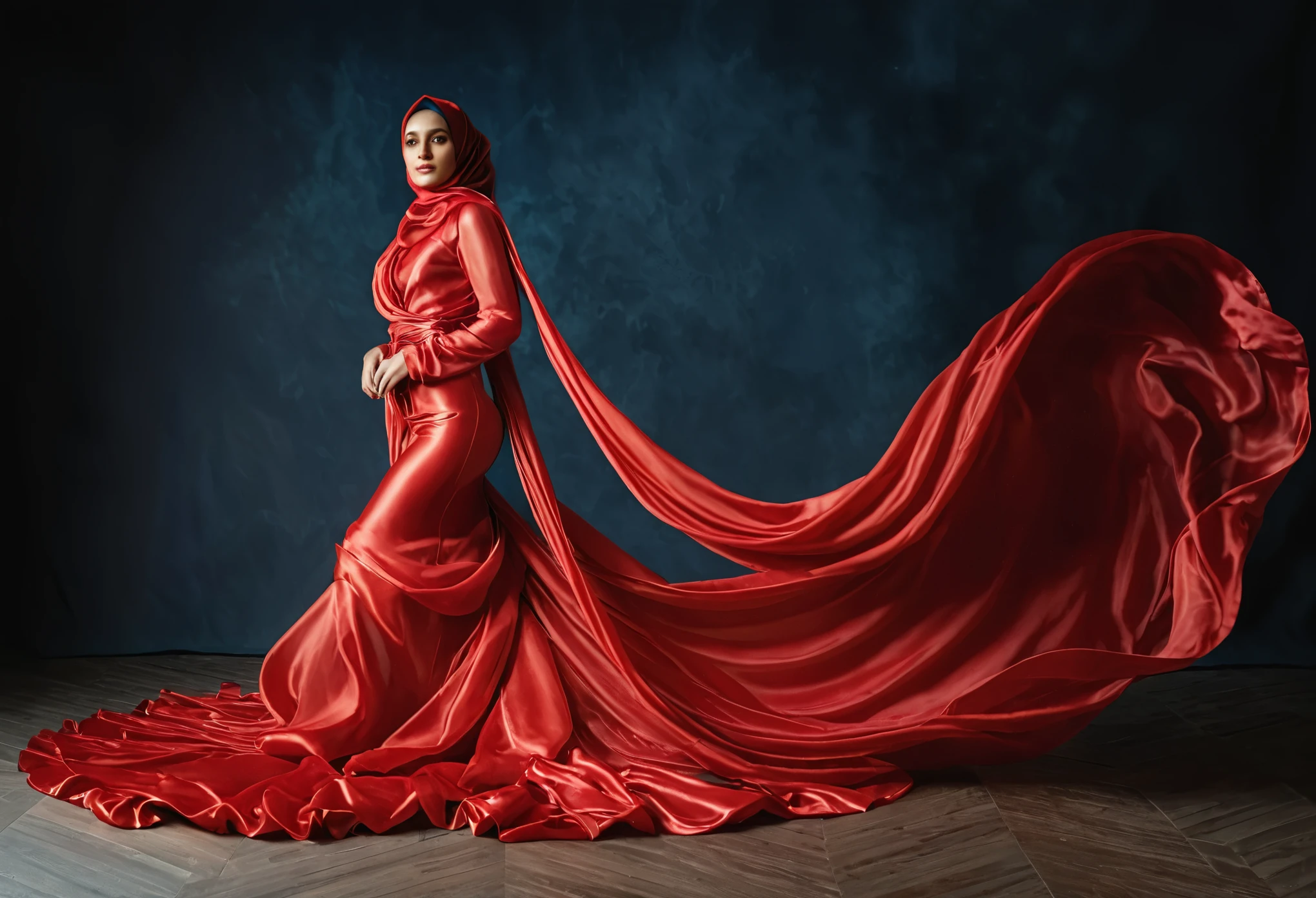 woman shrouded in a 10-meter-long, plush red semi transparent satin shimmer cloth, tightly bound and grandly draping along the form of her body, flowing off into a pooled floor-length train, styled in a mermaid-inspired outfit, her head modestly veiled in a satin hijab,walk in photo studio, a full-body pose conveying a sense of mysterious elegance, captured in a 4k resolution, ultra-realistic, (best quality,4k,8k,highres,masterpiece:1.2),ultra-detailed,(realistic,photorealistic,photo-realistic:1.37),HDR,UHD,studio lighting,ultra-fine painting,sharp focus,physically-based rendering,extreme detail description,professional,vivid colors,bokeh,portraits,fantasy,cinematic lighting
