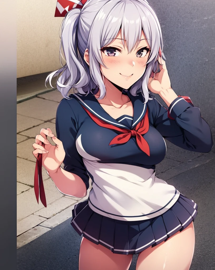 a girl in a school uniform posing for a picture, an anime drawing, by Shitao,Training ship Kashima, messy wavy white hair, kantai collection style, smiling seductively, octane rendering, attractive matoi ryuko, noire photo