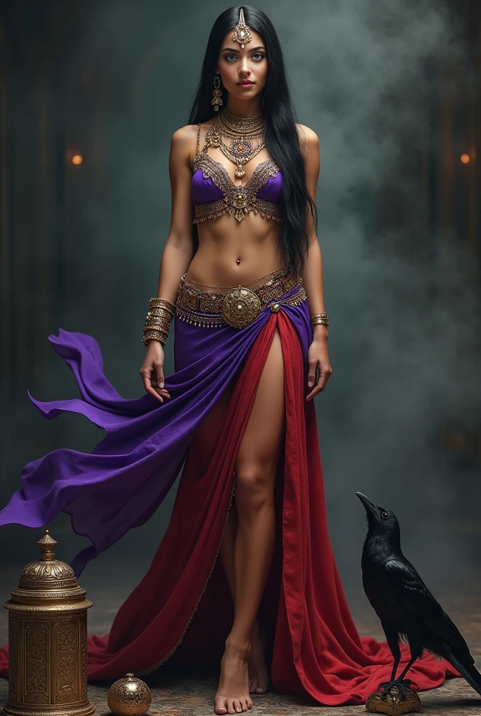Purplish red belly dancing outfit with a plunging neckline with platform heels and kunai