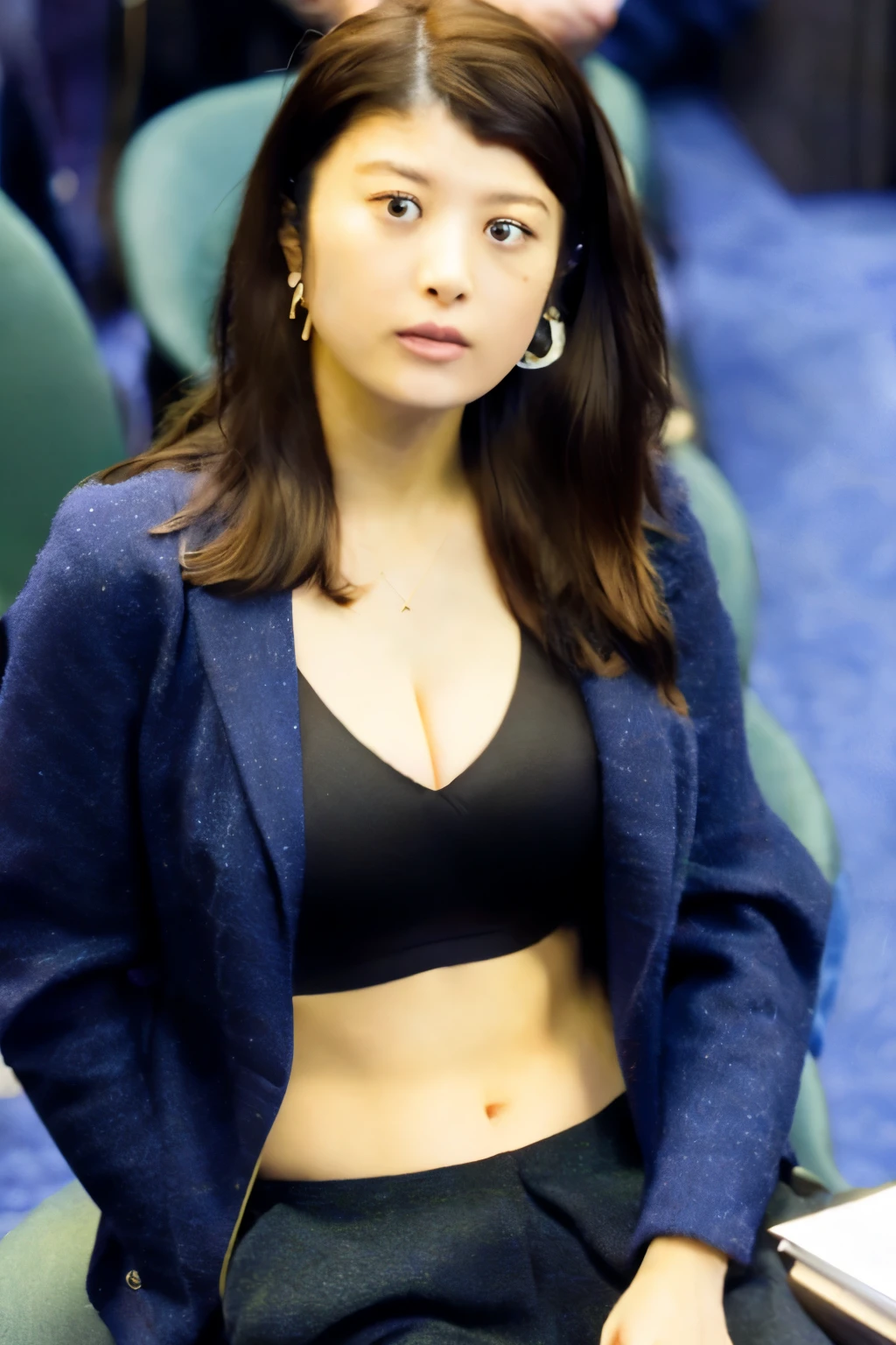 brown hair, ((UHD)), textured skin, super detail, (high details), (high quality), 8k, 1girl, sexy, (SFW:1.0), japanese cute woman , realistic,(1japanese woman politician:1.2), cleavage, healthy body, black jacket, suit, parliament badge, silver necklace, earrings, real skin, (sagging breasts:1.0), (medium breasts:1.0), mole under eye, in parliament, in congress, in senate, meeting, indoors, microphone, sitting