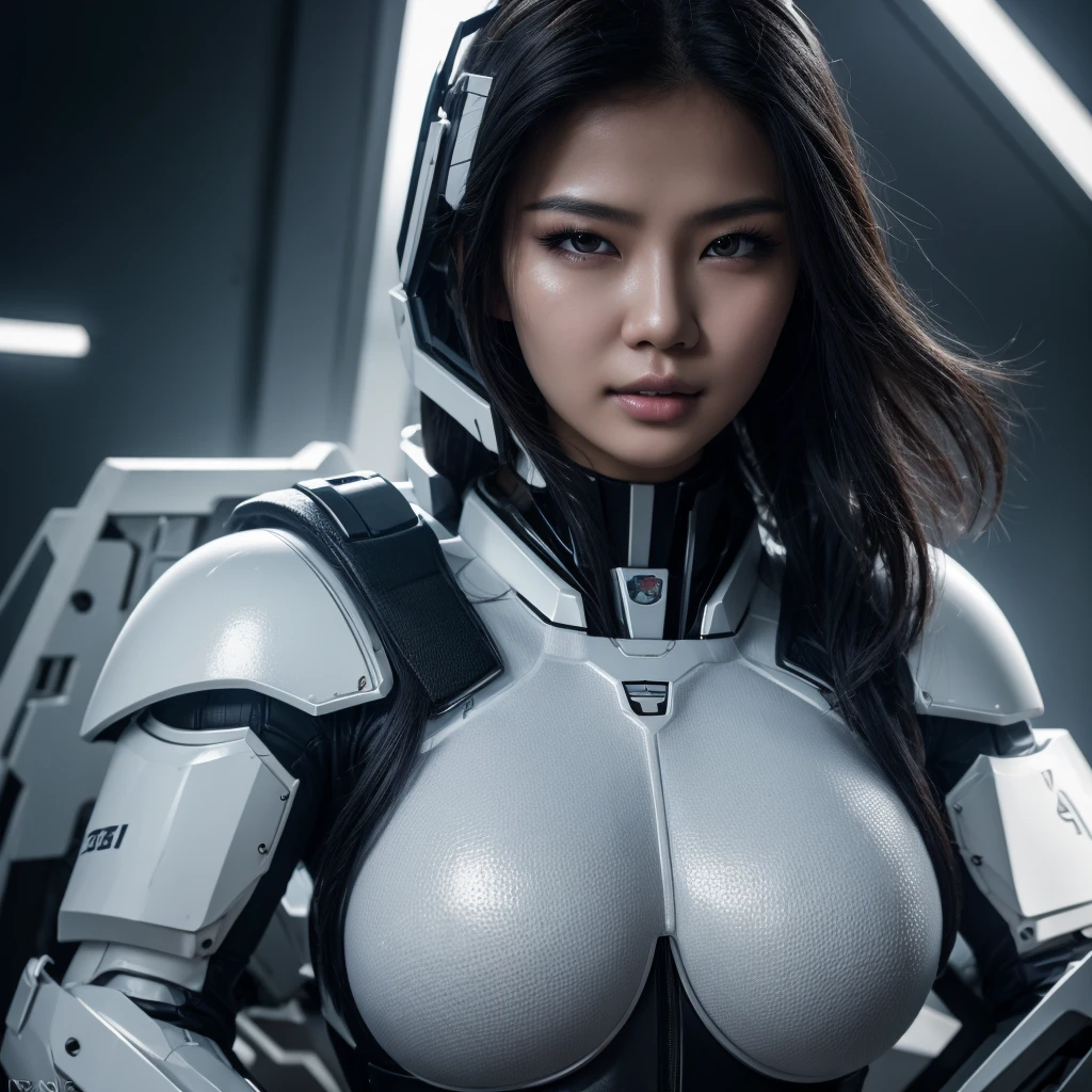 Asian naughty young woman masterpiece, best quality, ultra realistic, hyper-detailed, 8k resolution, RAW photo, sharp focus, (1girl), solo, gorgeous face, perfect body, mature female, 25yo, portrait, mecha, white armor, nanosuit, sexy, messy hair, cinematic, cinematic light, dark theme
