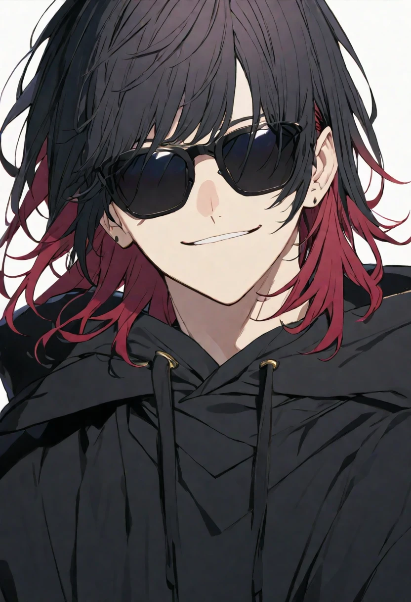 alone,good looking, Monotony,good looking,
1. male,
bangs,Straight hair,Bob Hair, ponytail,Perm,
Black Hair, Red hair inner hair,
Satoru Gojo,A decent face,
Red eyes,Soft impression,
beautiful,sexy,darkness,Gold Necklace,
Oversized black hoodie ,sunglasses,Oversized black trousers,Wearing a hoodie,geta,smile,
Pure white background ,High resolution,front,Face close-up,solo, Long Hair, 