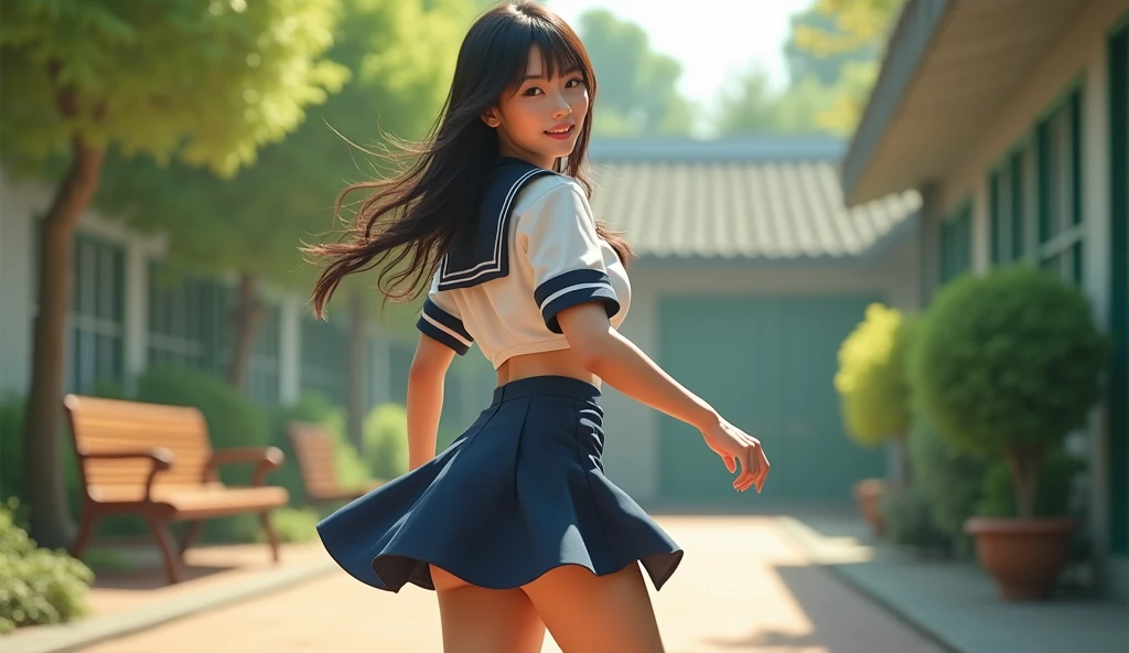 ((Skirt twisting)）、pantie shot、school uniform consisting of a open white short-sleeved shirt and grey platted mini skirt, sexy butt, K-pop idols、Highly detailed white skin、Beautie、One woman、20-years old、Brown long windy wavy hair、middlebreasts、perfectly proportions、In amusement parks、Skirt grabbing poses are free, showing white panties to the viewer, butt up, back pose, kneeling, back shot, lifting skirt, ((clearly see your beautiful butt)), blue sky, ((from below:1.3)), looking over shoulder