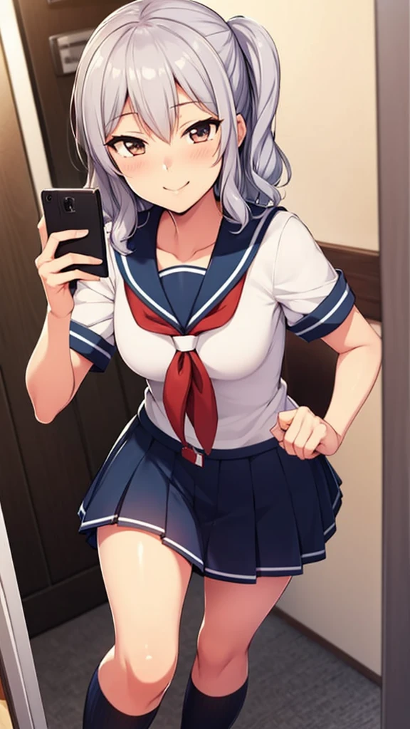 A girl taking a photo wearing a sailor uniform, Anime Drawings, smile,Training ship「Kashima」, Messy wavy white hair, Kantai Collection, 誘惑的にsmile, Octane Rendering, The charming Ryuko Matoi, Black Photo