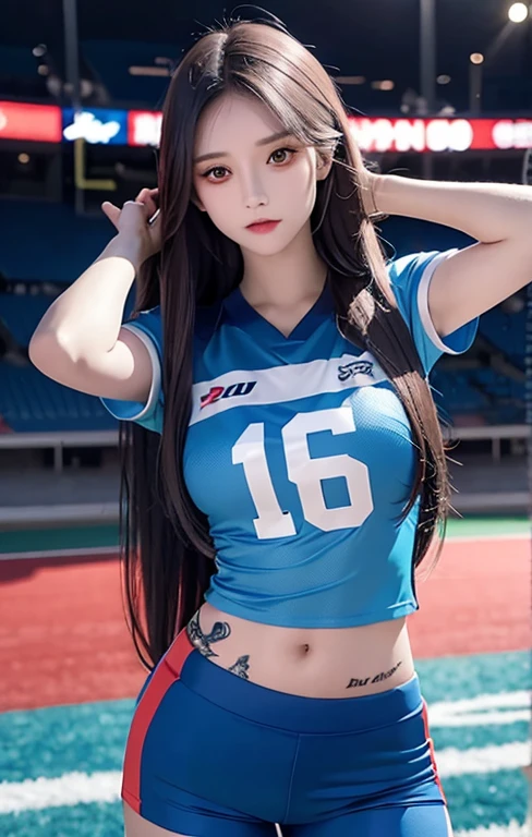 masterpiece, highest quality, Very detailed, To the camera, 複雑に詳細なVery detailed, Realistic, Sharp features, Very detailed, Sharp focus, Perfect Face, Perfect Face, Perfect symmetry and perfect eyes, Perfect Plump Lips, Flexible female form, Cinematic, Film Light, Very detailed, hyper Realistic, masterpiece, Atmospheric, High resolution, Vibrant, Dynamic Studio Lighting, ((Dark Background)), The expression when enduring pleasure, Straight bangs, 、blue eyes、Cheerleader uniforms、Exposed thighs、