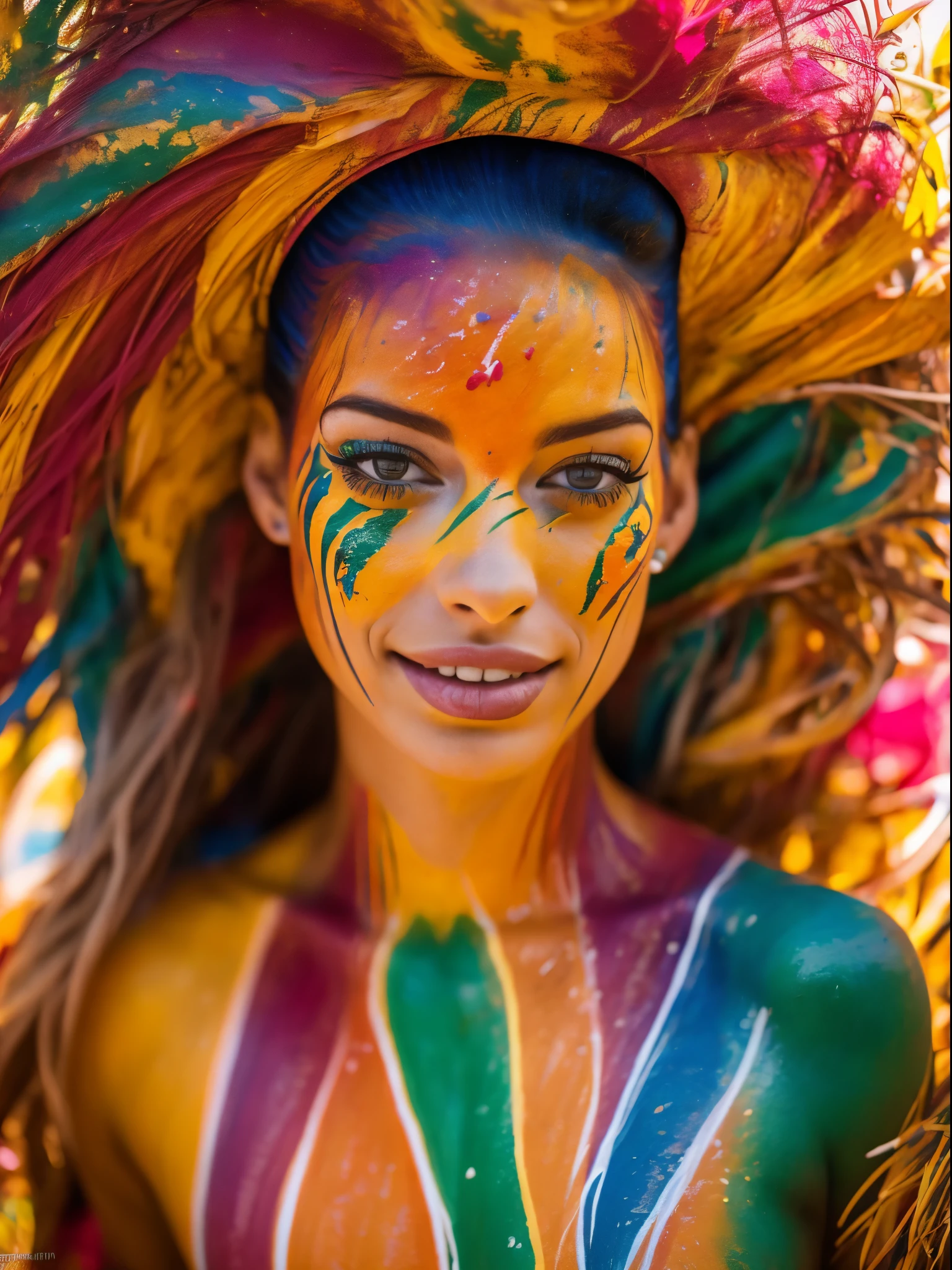 portrait of a beautiful woman, 2, (body painted with colorful paint, carnival style), realistic self portrait, 8K UHD, dslr, grain of film, Fujifilm XT3 photorealistic painting midjourney art, bright outdoor sunshine, inspired by a Brazilian. Anne Hathaway