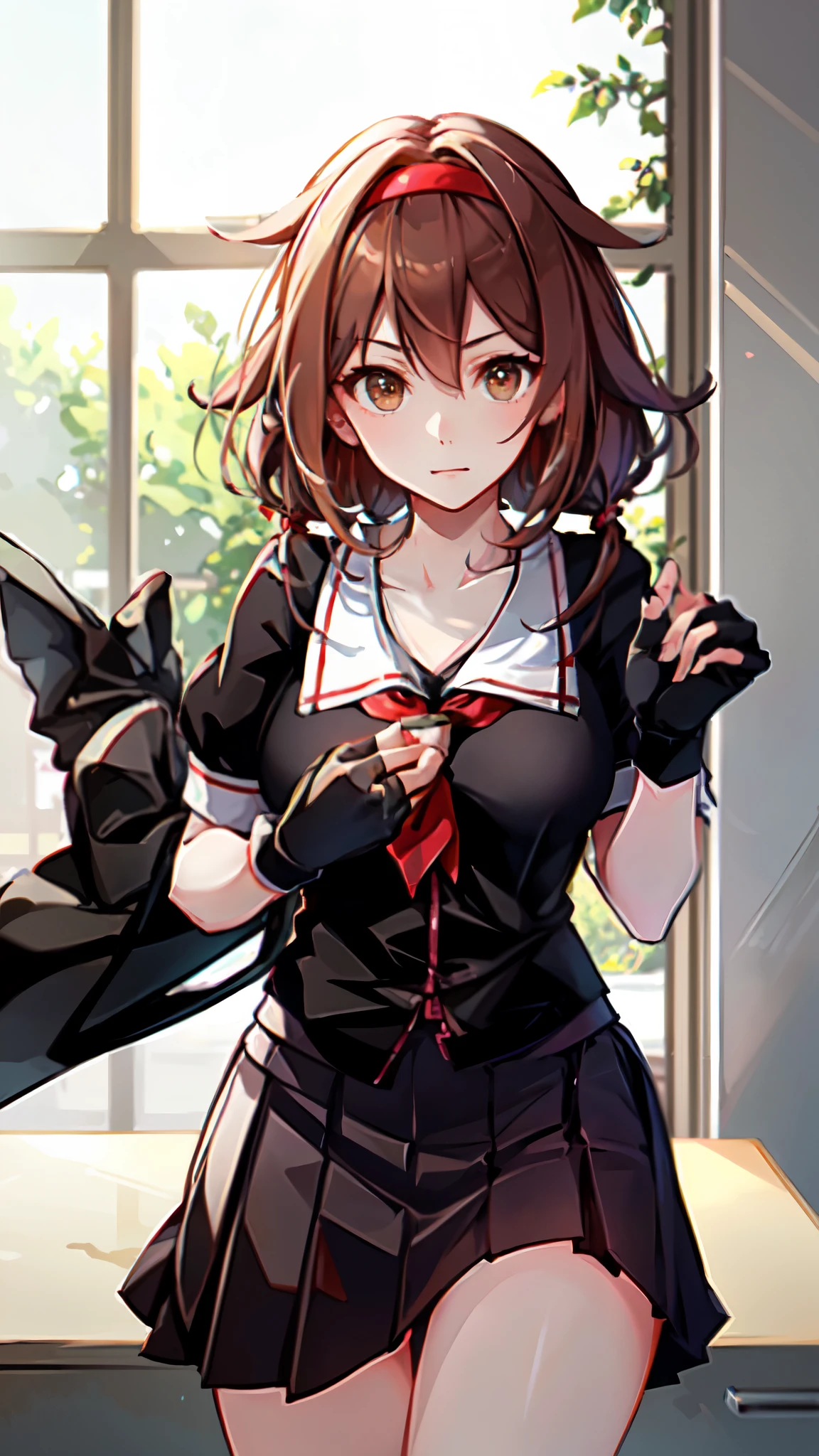 Best Quality, masterpiece, High resolution, One person, {Fleet Collection_White Dew:1.15} Brown Hair、Long Hair、Thighs、Short sleeve、Pleated skirt、Hairbands、Seraph、Black gloves、Fingerless gloves、Black Skirt、neckerchief、Medium breast　Office　Look here