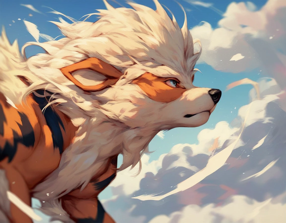 Feral Arcanine,drawing, head shot,wind