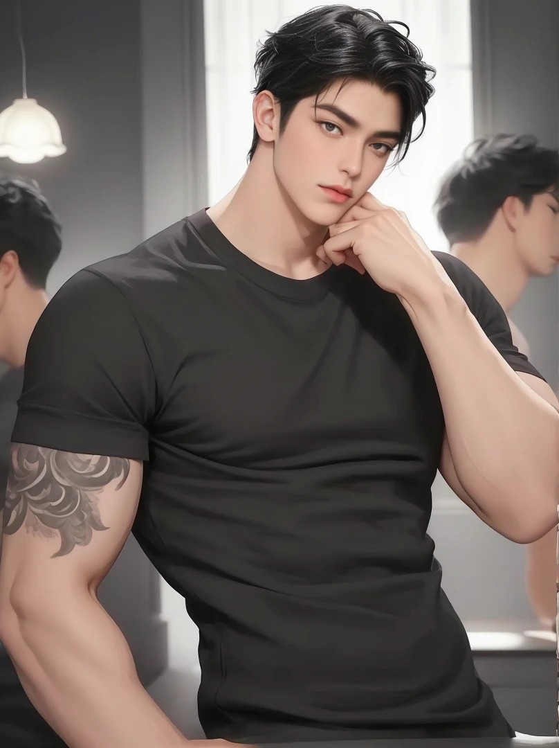  masculine man, black hair, muscular man, sexuality  bodysuit,   charming, bare chest, puffy nipples , swollen nipples , abs, nsfw , eroticism,  
