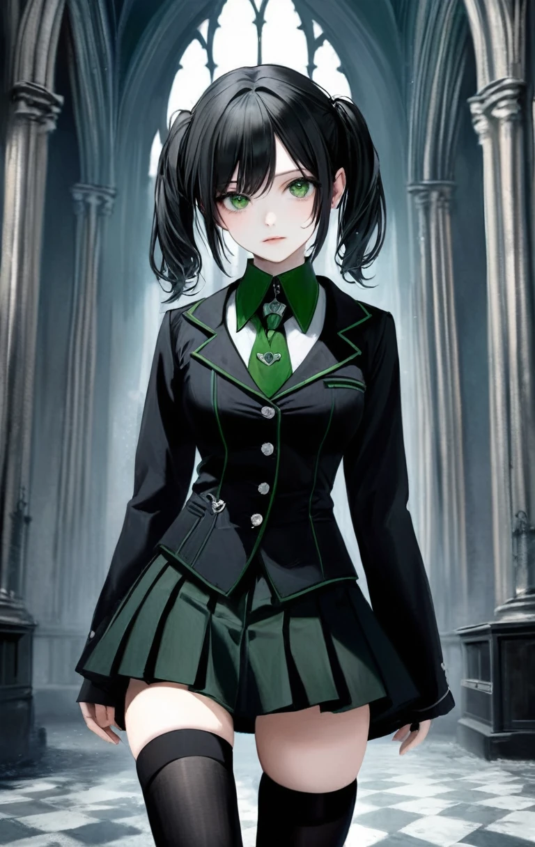 realistic, A Severus snape's daughter, ,Solo, 11 yo girl, black hair , green eyes ,1girl, gothic, bangs, twintails, cowboy shot, miniskirt, thighhighs, large breasts, long hair, makeup, eyeliner, eyeshadow, masterpiece, best quality