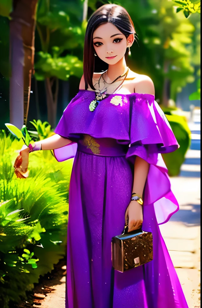 Long straight hair, off-shoulder floral dress with bright colors, simple necklace with a butterfly pendant, standing pose, outdoor setting with trees and architectural elements, natural lighting, overall fresh and natural atmosphere.