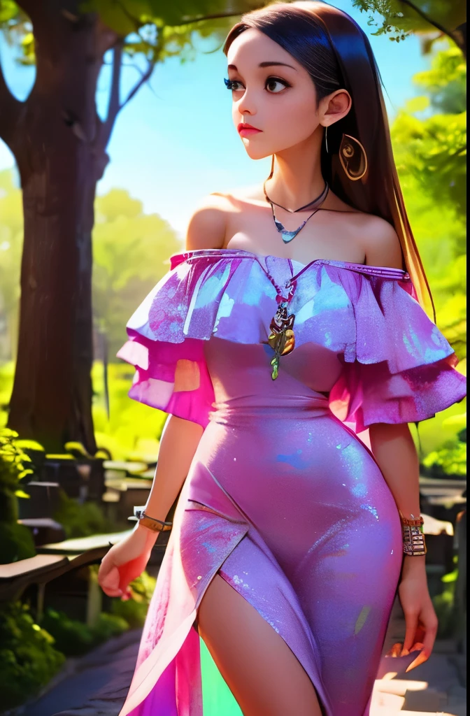 Long straight hair, off-shoulder floral dress with bright colors, simple necklace with a butterfly pendant, standing pose, outdoor setting with trees and architectural elements, natural lighting, overall fresh and natural atmosphere.