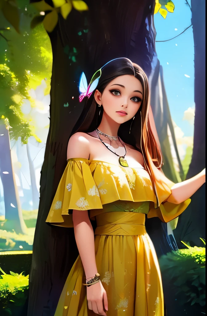 Long straight hair, off-shoulder floral dress with bright colors, simple necklace with a butterfly pendant, standing pose, outdoor setting with trees and architectural elements, natural lighting, overall fresh and natural atmosphere.