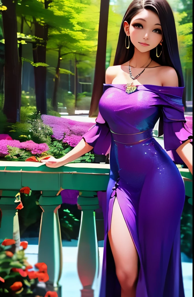 Long straight hair, off-shoulder floral dress with bright colors, simple necklace with a butterfly pendant, standing pose, outdoor setting with trees and architectural elements, natural lighting, overall fresh and natural atmosphere.