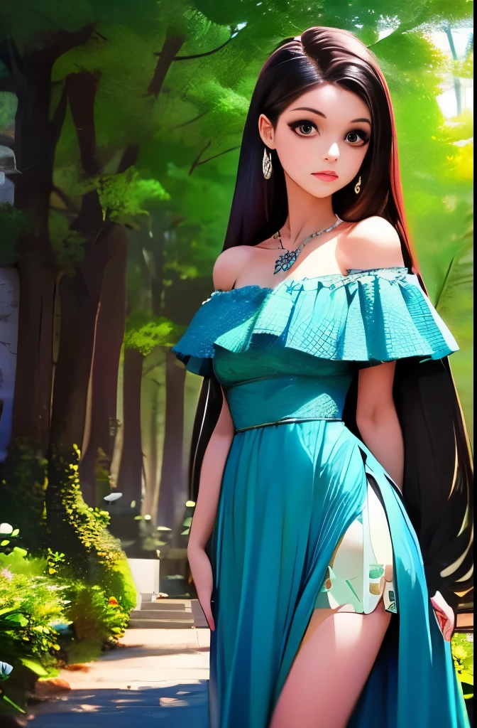 Long straight hair, off-shoulder floral dress with bright colors, simple necklace with a butterfly pendant, standing pose, outdoor setting with trees and architectural elements, natural lighting, overall fresh and natural atmosphere.