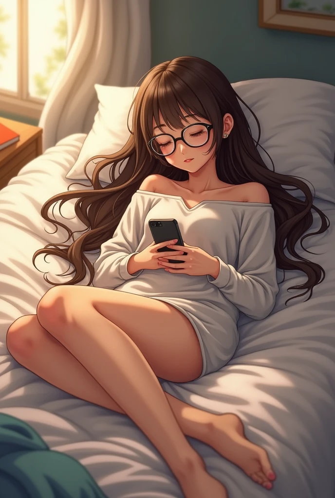 (masterpiece, Highest quality:1.2), lying in bed, On the stomach, View smartphone, White panties, White crop top, Bedroom, morning, sunlight, Best Shadow, Best lighting, Absurd, Trending on Art Station,A perfect anime illustration of someone lifting their mouth