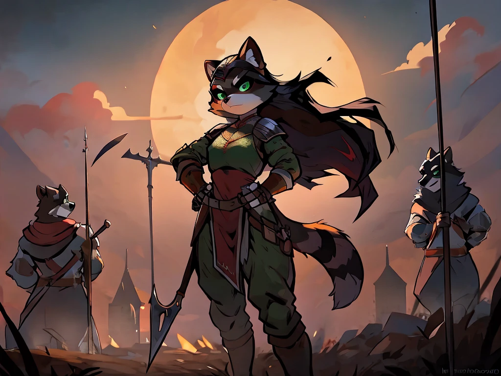 full body, battle ground background、full moon, A female raccoon, custom armor, night, medieval castle, very detailed, masterpiece, ultra resolution, perfect quality ,vivid colors,determined expression, strong shadows,majestic, dark atmosphere, green eyes, surrounded by soldiers, holding weapon up, head turned, looking over shoulder, swinging weapon, attacking with weapon, in battle, using weapon, long black hair 