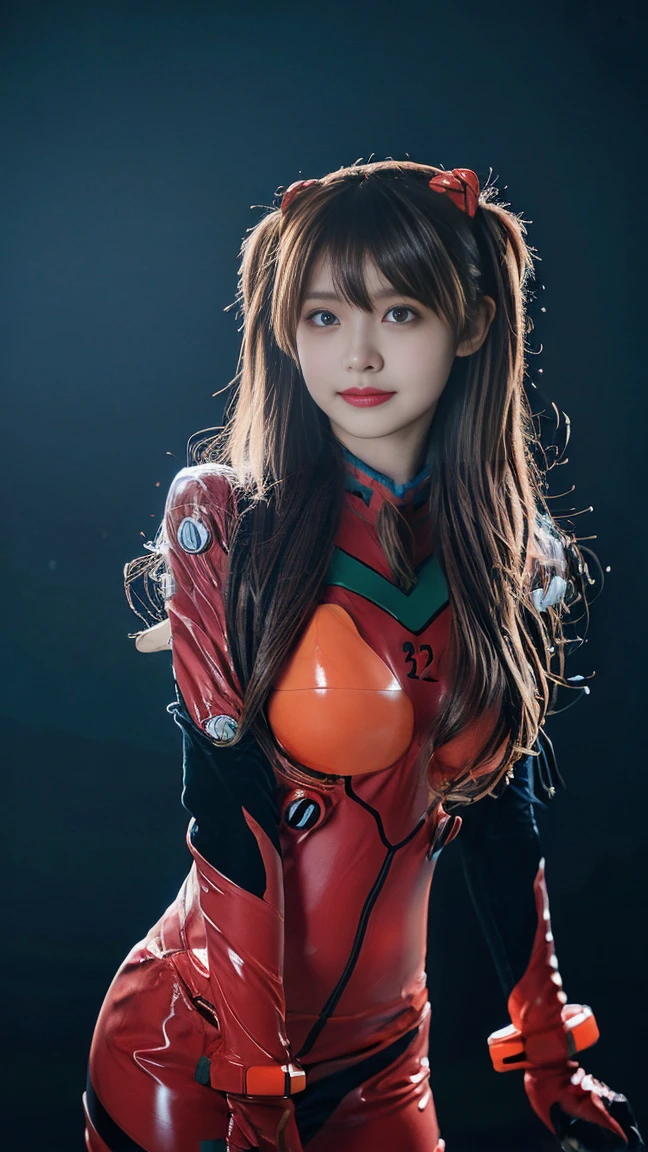 2, Beautiful woman, Clothes are not removed, smile:1.2, Looking at the camera, (Big Breasts、G-Cup、Cosplay costume of Asuka Langley Soryu from the live-action version of Plugsuit, Attractive face, Cool expressions of Neon Genesis Evangelion):1.5, Narrow waist, (Beautiful Skin), (Beautiful Eyes), (Detailed skin:1.2), RAW Photos, Complex, Sharp focus, ((((Cinematic look)))), Insane Details, Ultra-detailed, Low contrast, Exposure Blending, High resolution, shadow, 超High resolution, Best Quality, masterpiece, ((Color images)), shadow, Clear Background, (Best Quality:1.2), (Very detailed:1.1), The background is a bit blurred:1.5, asuka cosplay