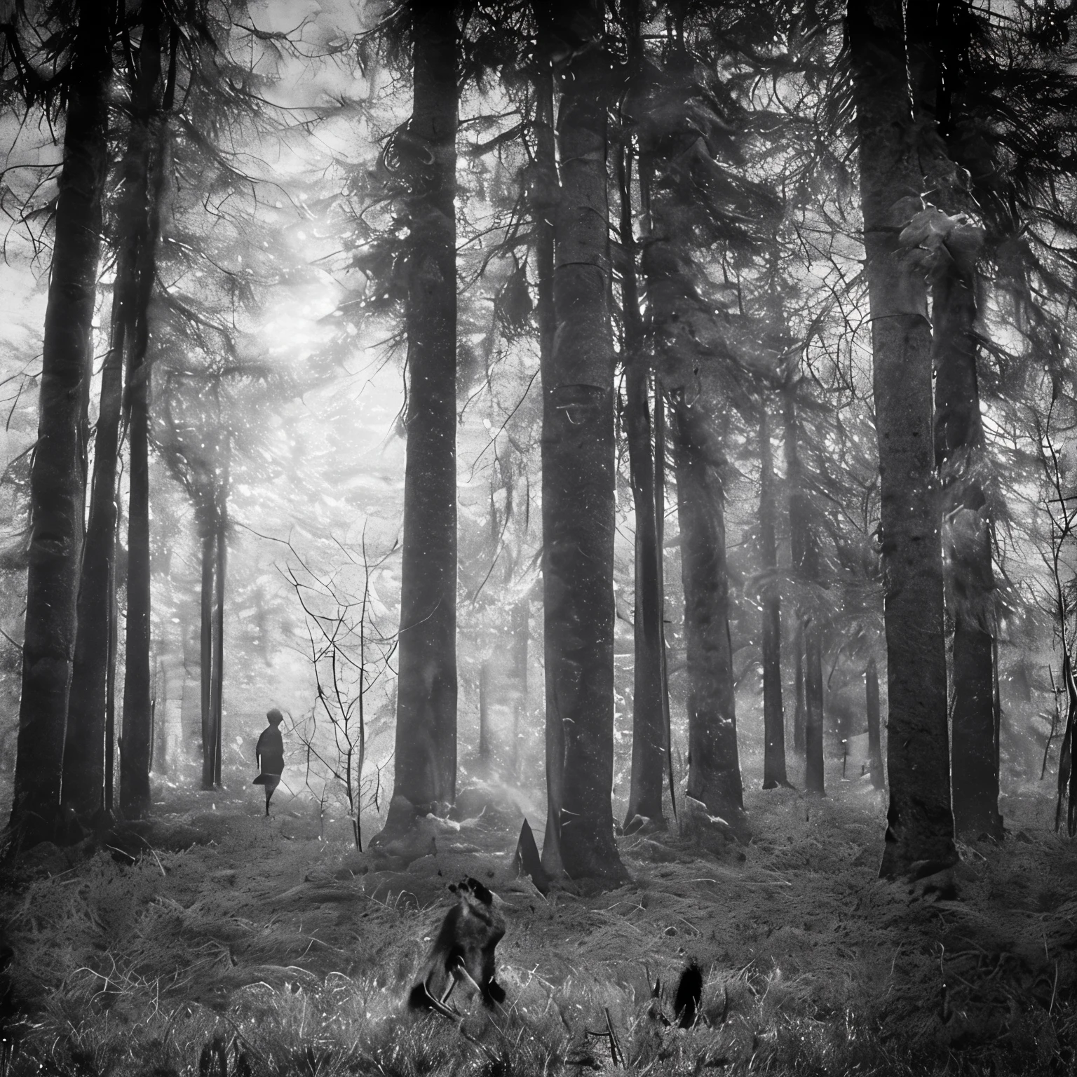 (black and white photograph of a forest),(photorealistic),(old photograph),(pine tree forest),(thick undergrowth),(furry, black fur, beast, werewolf:1.3),(standing in the distance, looking at viewer),(detailed lighting),(cinematic composition),(high contrast),(dramatic shadows),(moody atmosphere),(eerie ambiance),(stunning details),(masterpiece), Deathia