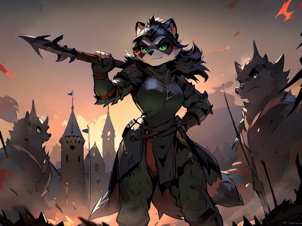 full body, battle ground background、full moon, A female raccoon, custom armor, night, medieval castle, very detailed, masterpiece, ultra resolution, perfect quality ,vivid colors,determined expression, strong shadows,majestic, dark atmosphere, green eyes, surrounded by soldiers, holding weapon up, head turned, looking over shoulder, swinging weapon, attacking with weapon, in battle, using weapon, long black hair 