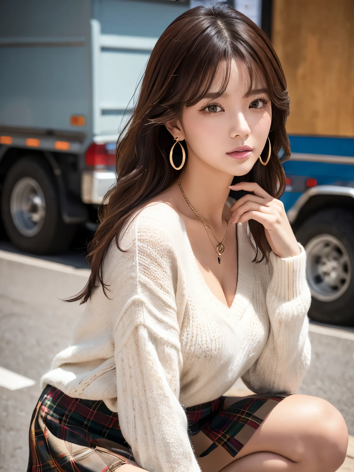 (((Tattered and torn V-neck sweater、kilt skirt))),(Bust size is 87cm),(Glamour),((Best Quality)), Realistic, Very detailed, In detail, ((High resolution)), 8k,(squatting),Beautiful, well-shaped eyes,(韓国の30th Generation女性),Muddy skin,Detailed face,Mid-length hair,Brunette colored hair,(30th Generation)、necklace、Earrings,((Rubble pile)),(cigarette)、battlefield、fire