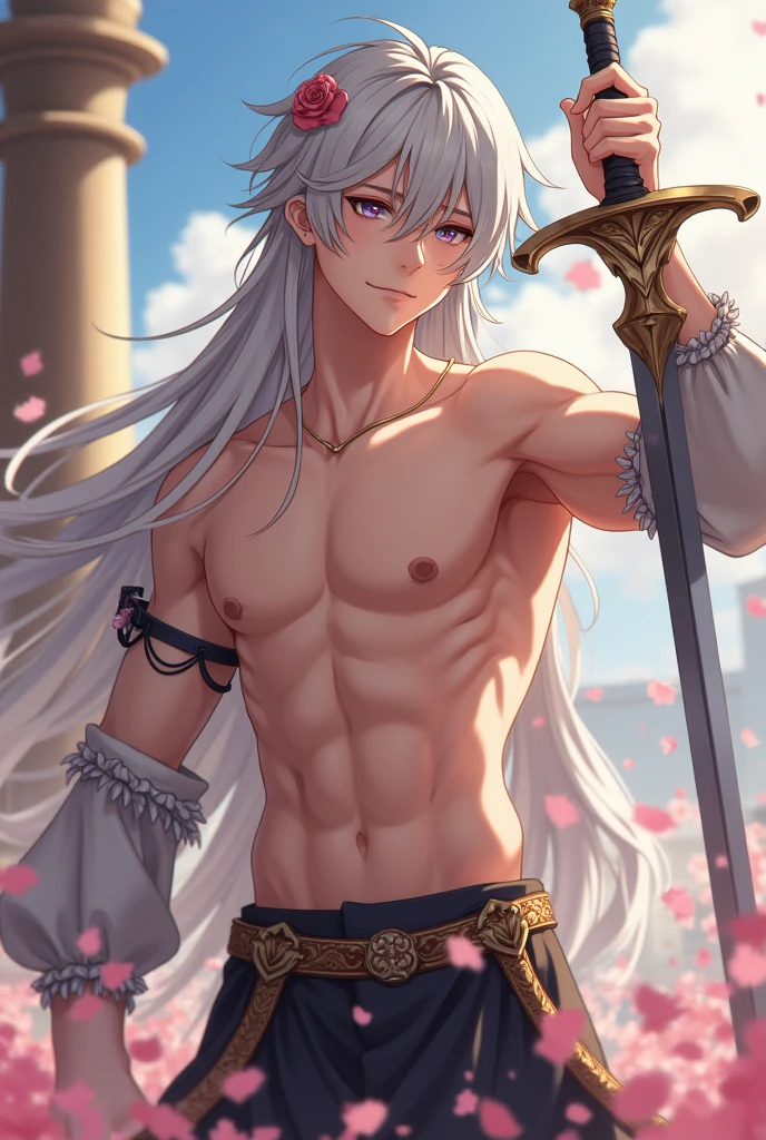 (Realism: 1.4), Best Quality, Masterpiece, Male, Thin, Muscular, Pointed Ears, Light Grey Skin, Long Curly Gray Hair, Red Eyes, Smile, Bard, Do Not Disturb, Lute on Your Back