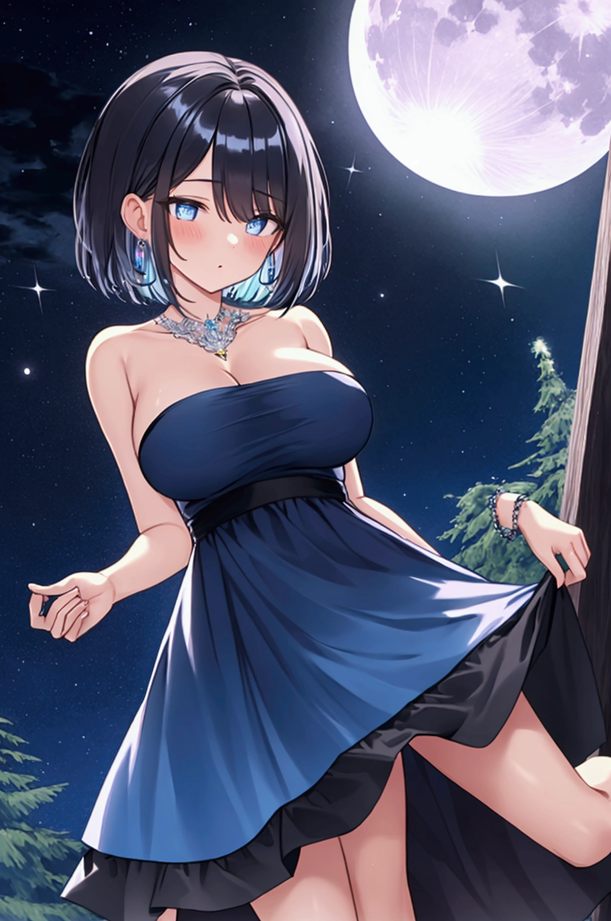 Full body image, night, ((1. Adult women)), alone, Adult women, Baby Face, masterpiece, 8K wallpaper, High resolution, Absurd, High Quality Backgrounds, Short Hair, Black Hair, Multicolored Hair, Big Breasts, Slim body, Beautiful frozen village, (Bright full moon), Blue Dress, Detailed dress, Jewelry mini Dress, (magic:1.2), blue fire, blue eyes, Glowing Eyes, Attention to detail