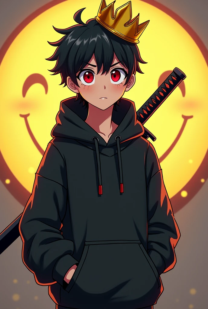 black and a red background, toon aesthetic, lofi portrait, lofi art style, his eyes are black and bright, loish |, (((red)) baggy eyes, profile picture, demon boy, his bright red eyes, boy has short black hair, album art, with red mist, simple cartoon style, akira color palette leave a little more animated and appearing from the waist up he signing giving a smile --auto --s2