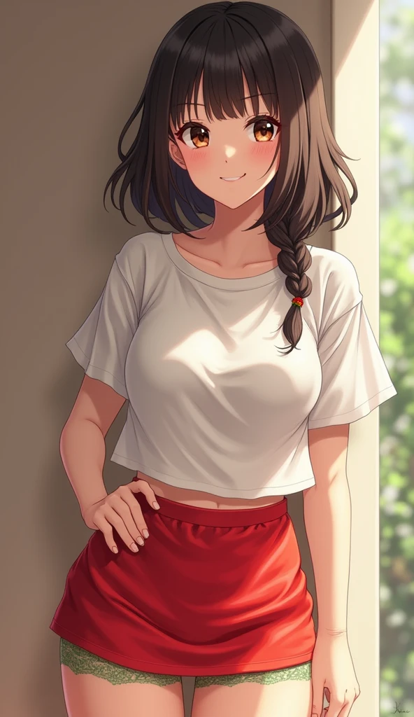 (realistic), (best quality:1.4),(((ultra-detailed))), masterpiece, (((hyper realistic))), full pic,
getting undress, sexy undress, undressing, greeting you at the door, random pic angle, at the motel, motel room, Mexican girl,
NSFW,
Adult girl, adult woman, 30 years old,
(((black hair, long hair, braid hair))), brown eyes, big eyes,
small , , small breast, , pierced nipples, nipple earrings,
cleavage shirt, see through tank-top, only one bra strap, strapless, sexy skirt,
((sexy drunk girl, drunk tender small smile, provocative face, provocative look, provocative attitude, sexual attitude, flirty attitude)),