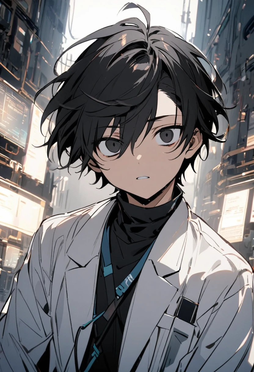 A boy with short hair, big black eyes, wearing a short white lab coat.