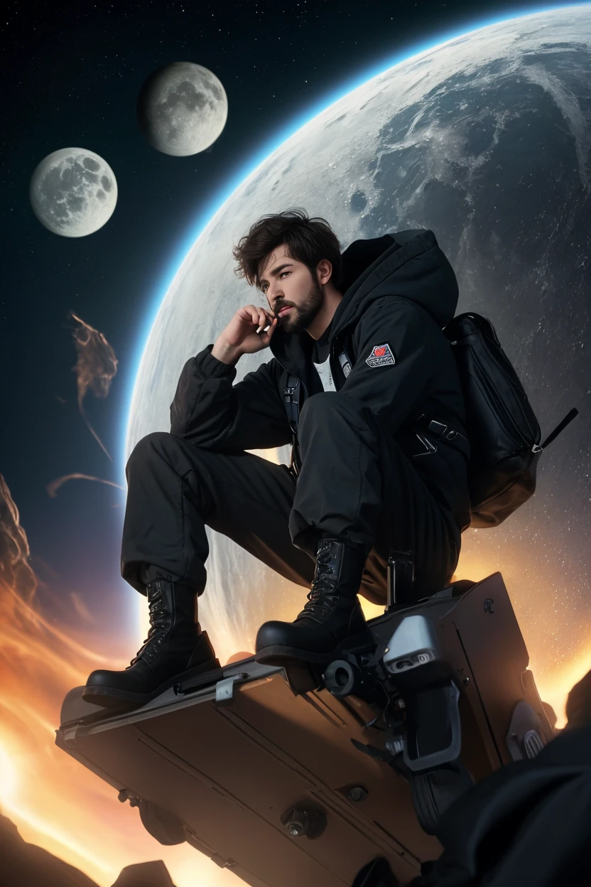 Desenhe um jovem programador, sitting on a research platform floating in the middle of an asteroid belt. He is listening to music with JBL headphones, surrounded by several asteroids glowing with fiery auras. Dramatic lighting from distant stars and planets illuminates the scene, casting deep shadows on the costume. O jovem parece confiante e determinado, Looking at the vast and mysterious universe with wonder and respect,facial hair, tiro de vaqueiro,