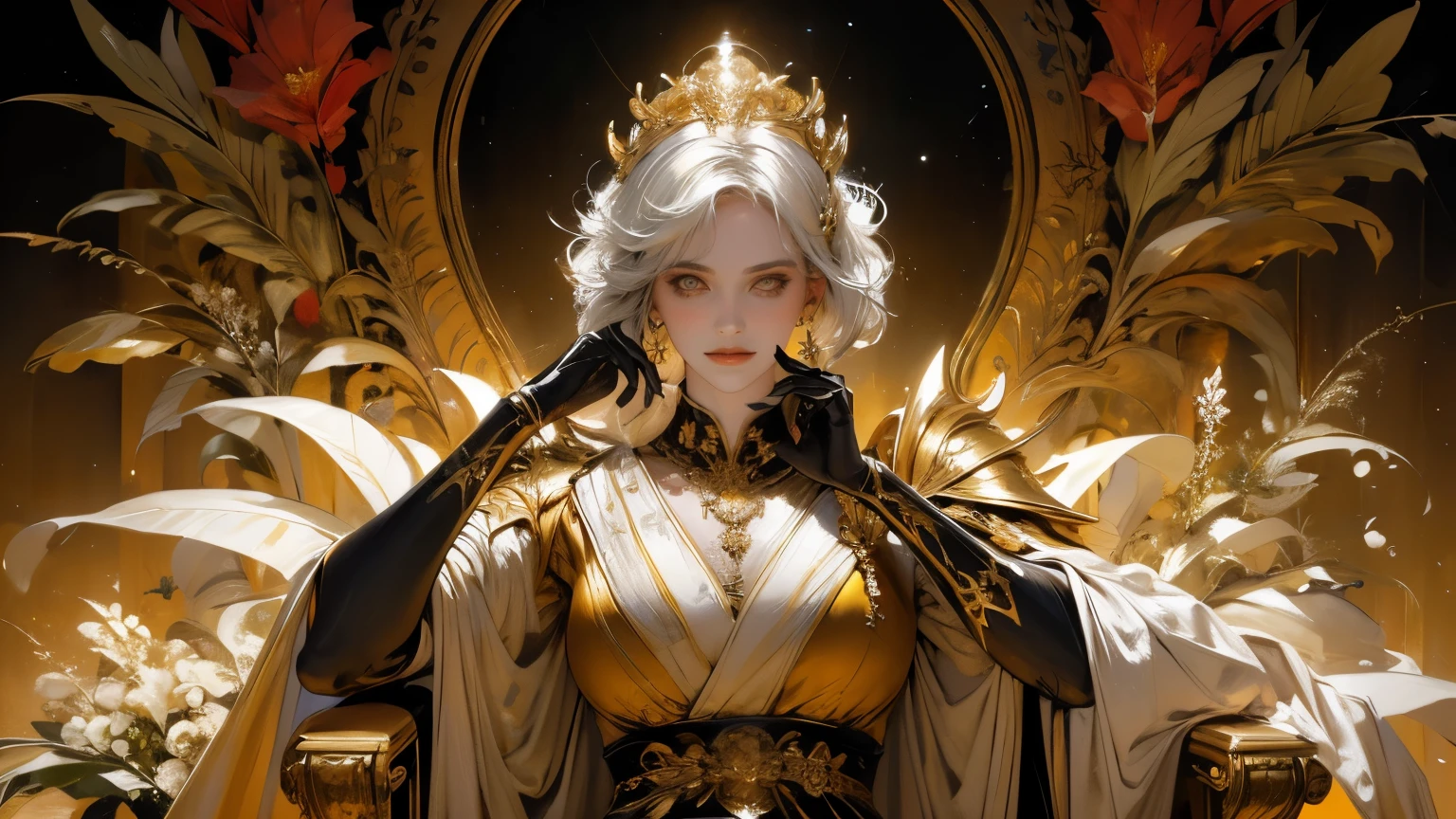 a beautiful woman with delicate features, wearing a yellow gold and white shirt, sitting on a chair against a luxury background, black and gold wings, holding a sword in her left hand and a lance in her right hand, a crown on her head, surrounded by a tangled floral design with glowing skin, highly detailed, fractal art style, dynamic pose, vibrant color palette focused on gold, and white, perfect proportion and anatomically correct details, futuristic, cyberpunk, ink punk aesthetic, paint tray and ink splatter elements, (best quality,4k,8k,highres,masterpiece:1.2),ultra-detailed,(realistic,photorealistic,photo-realistic:1.37),HDR,UHD,studio lighting,ultra-fine painting,sharp focus,physically-based rendering,extreme detail description,professional,vivid colors,bokeh,