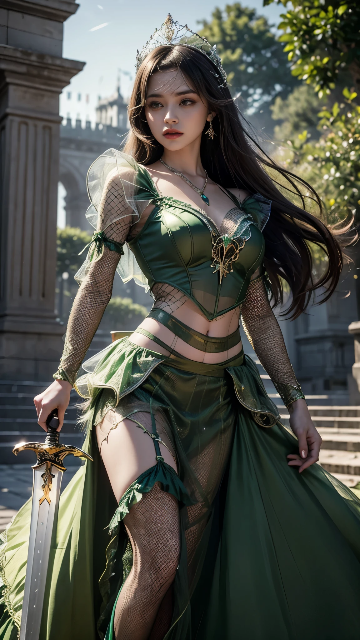 She is tall and has mysterious and beautiful Green Eyes., I see planets in the sky,  beautiful young woman，  has long brown hair  ，Wearing a ponytail, Green Eyes, Height: 170cm,  Sailor Moon Moonlight Legends ,  Sailor Jupiter , emerald jewelry,  I can see the scenery from a high place , The height is 172 ,  you are in great shape .,  I like sports too , He has mysterious Green Eyes.  The skirt must be green , Long legs, Very good body.  She has big beautiful breasts, 